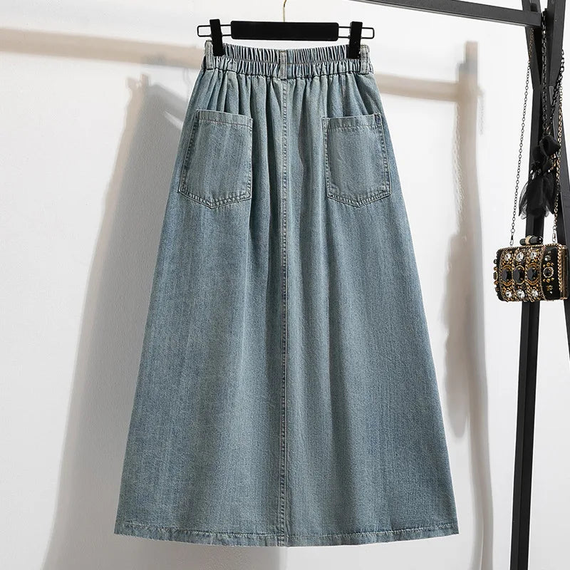 Saia Midi Jeans com Botões Frontais