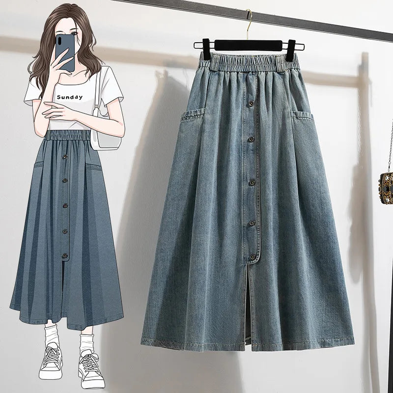 Saia Midi Jeans com Botões Frontais