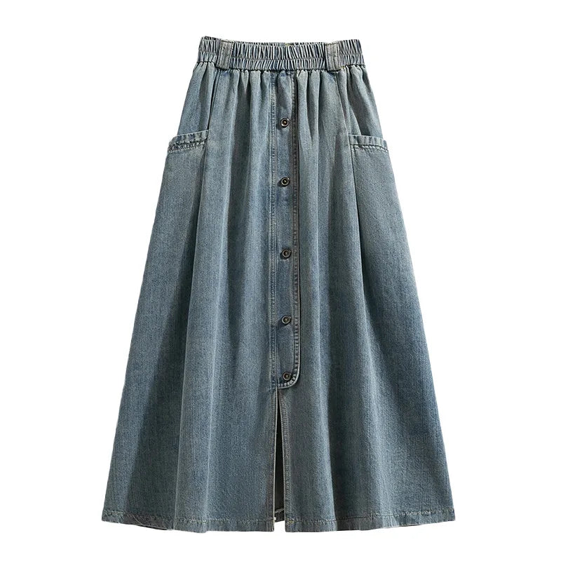 Saia Midi Jeans com Botões Frontais