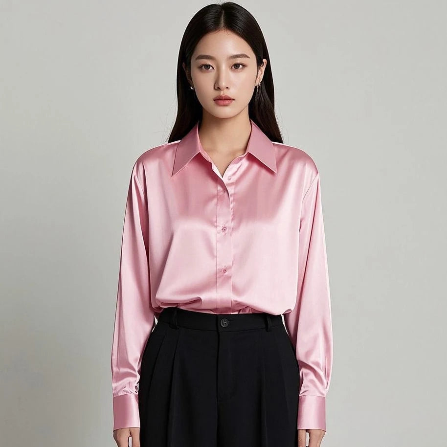 Camisa Acetinada Rosa Feminina Elegante
