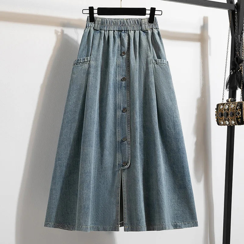 Saia Midi Jeans com Botões Frontais