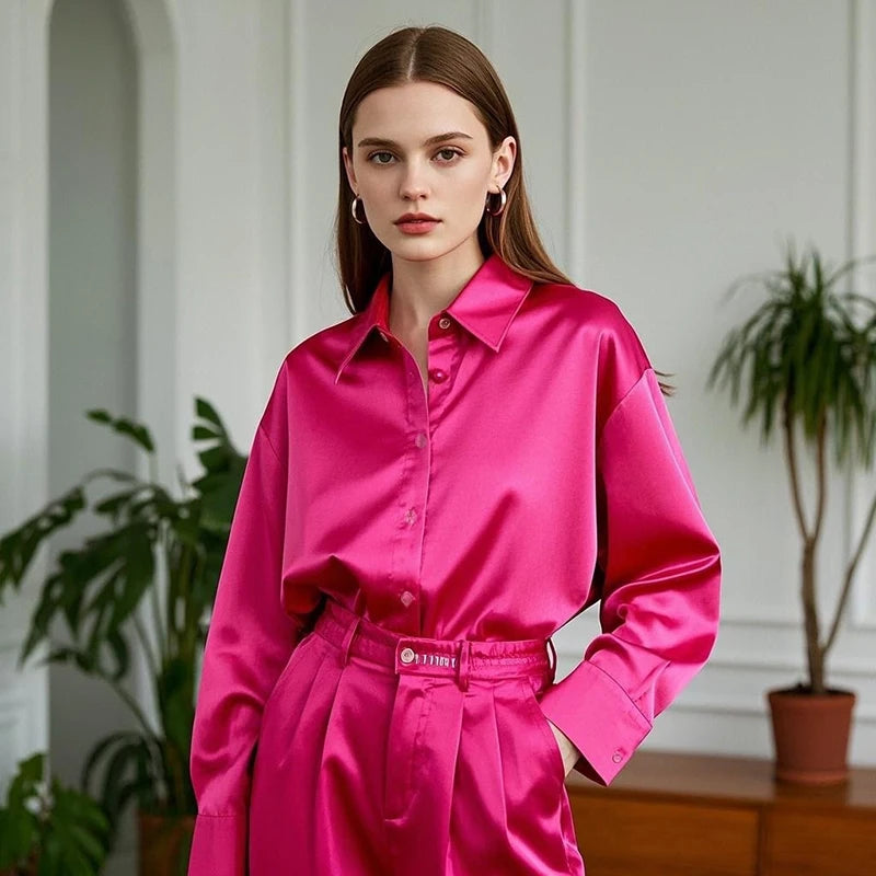 Camisa Acetinada Rosa Feminina Elegante